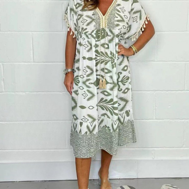 Icone™PrintedDress: Printed V-Neck Fringe Sleeve Casual Dress