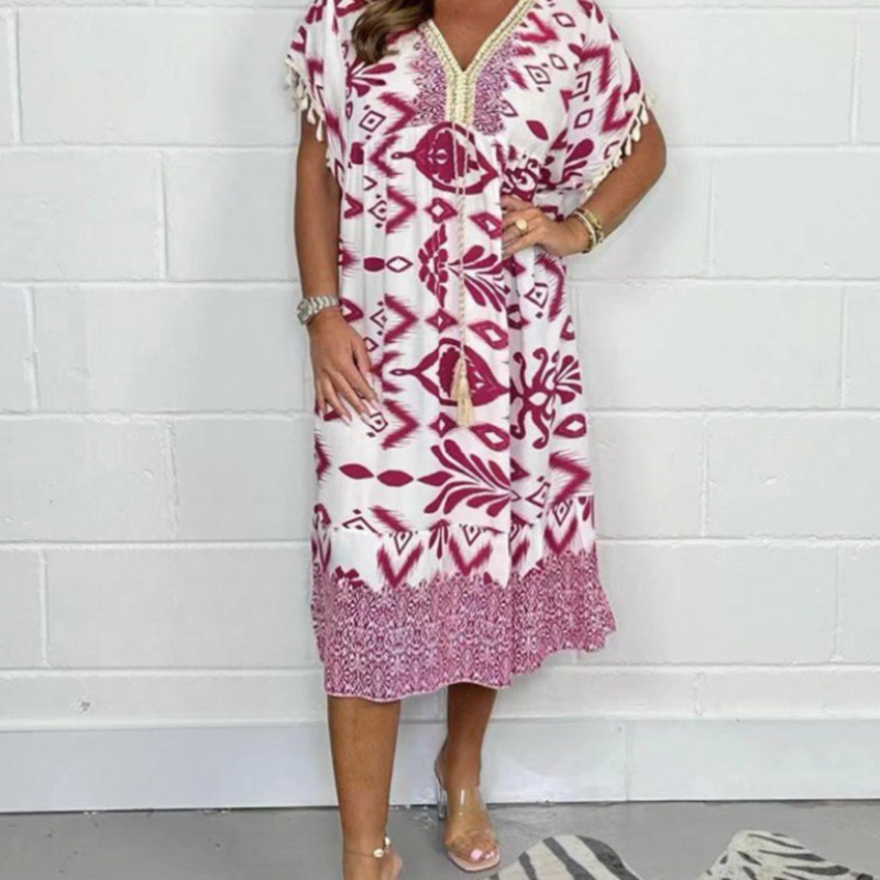 Icone™PrintedDress: Printed V-Neck Fringe Sleeve Casual Dress
