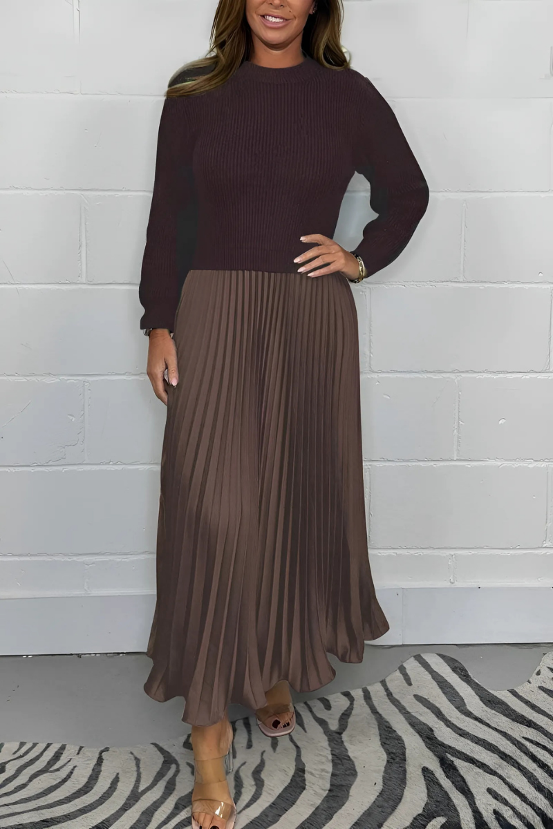 Icone™ PleatedDress: Long Sleeve Top With Elegant Pleated Bottom Dress
