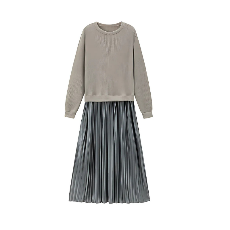Icone™ PleatedDress: Long Sleeve Top With Elegant Pleated Bottom Dress