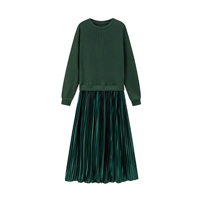 Icone™ PleatedDress: Long Sleeve Top With Elegant Pleated Bottom Dress