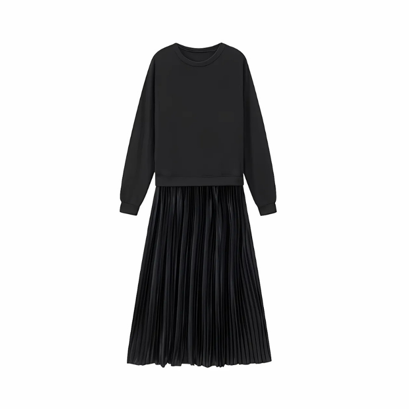 Icone™ PleatedDress: Long Sleeve Top With Elegant Pleated Bottom Dress