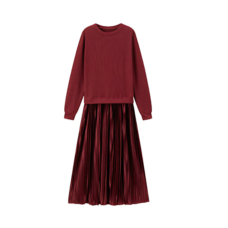 Icone™ PleatedDress: Long Sleeve Top With Elegant Pleated Bottom Dress