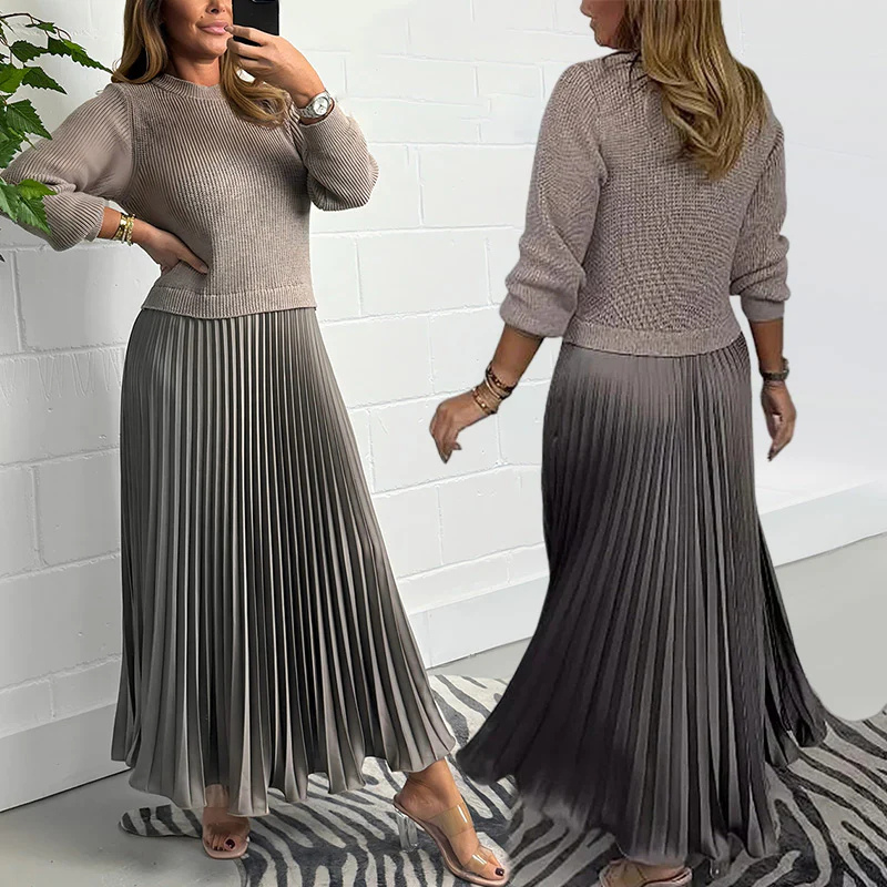 Icone™ PleatedDress: Long Sleeve Top With Elegant Pleated Bottom Dress