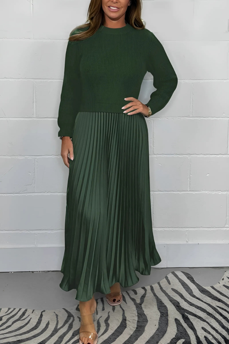Icone™ PleatedDress: Long Sleeve Top With Elegant Pleated Bottom Dress