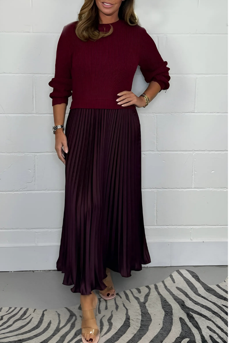 Icone™ PleatedDress: Long Sleeve Top With Elegant Pleated Bottom Dress