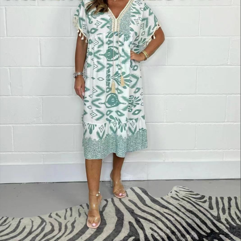 Icone™PrintedDress: Printed V-Neck Fringe Sleeve Casual Dress