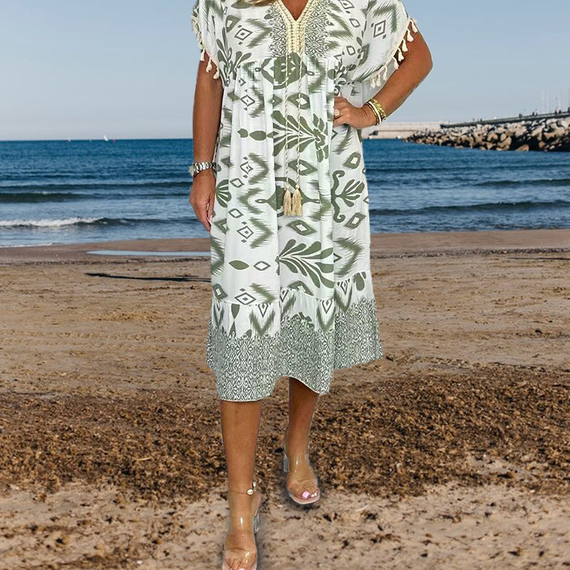Icone™PrintedDress: Printed V-Neck Fringe Sleeve Casual Dress