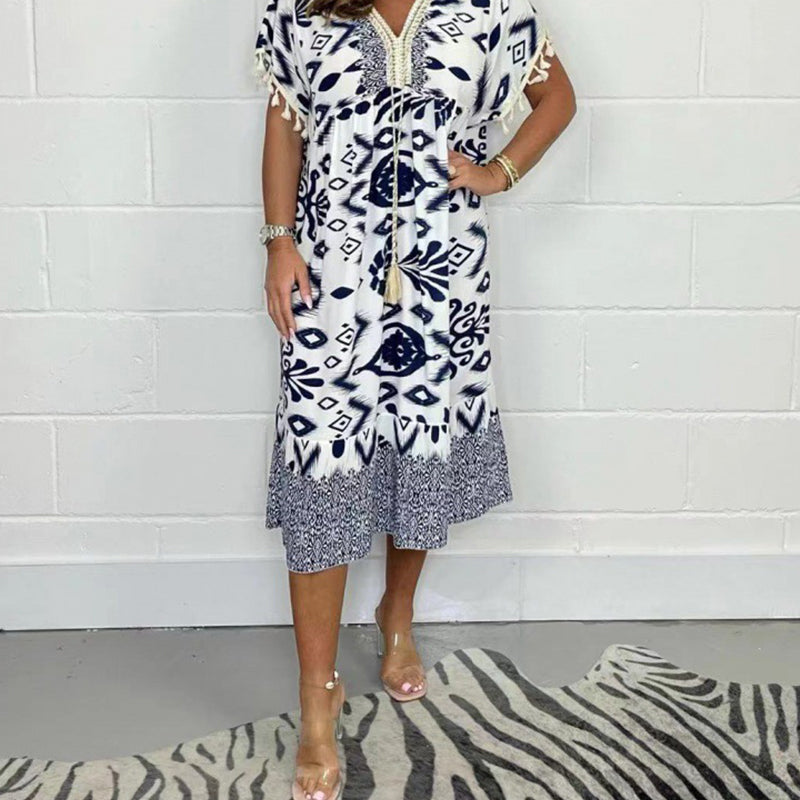 Icone™PrintedDress: Printed V-Neck Fringe Sleeve Casual Dress