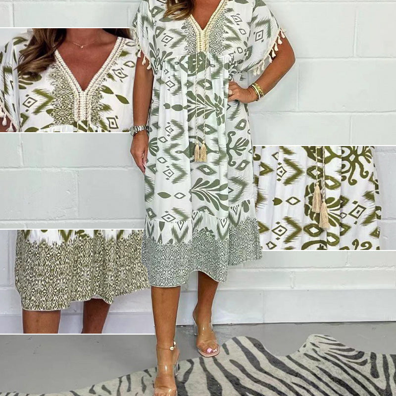 Icone™PrintedDress: Printed V-Neck Fringe Sleeve Casual Dress