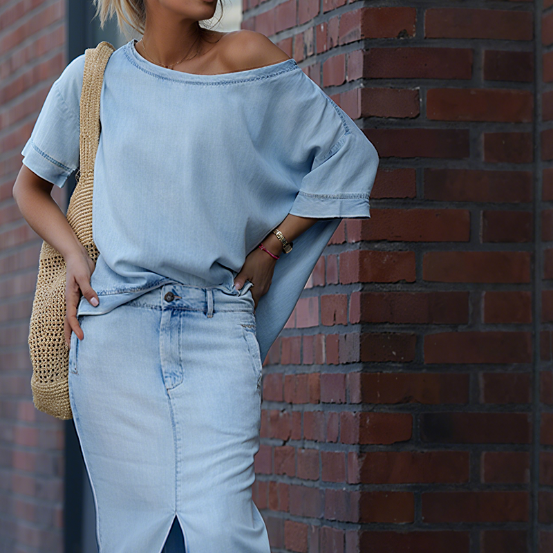 Icone™ FashionSet: Stylish Off-Shoulder Top And Denim Skirt