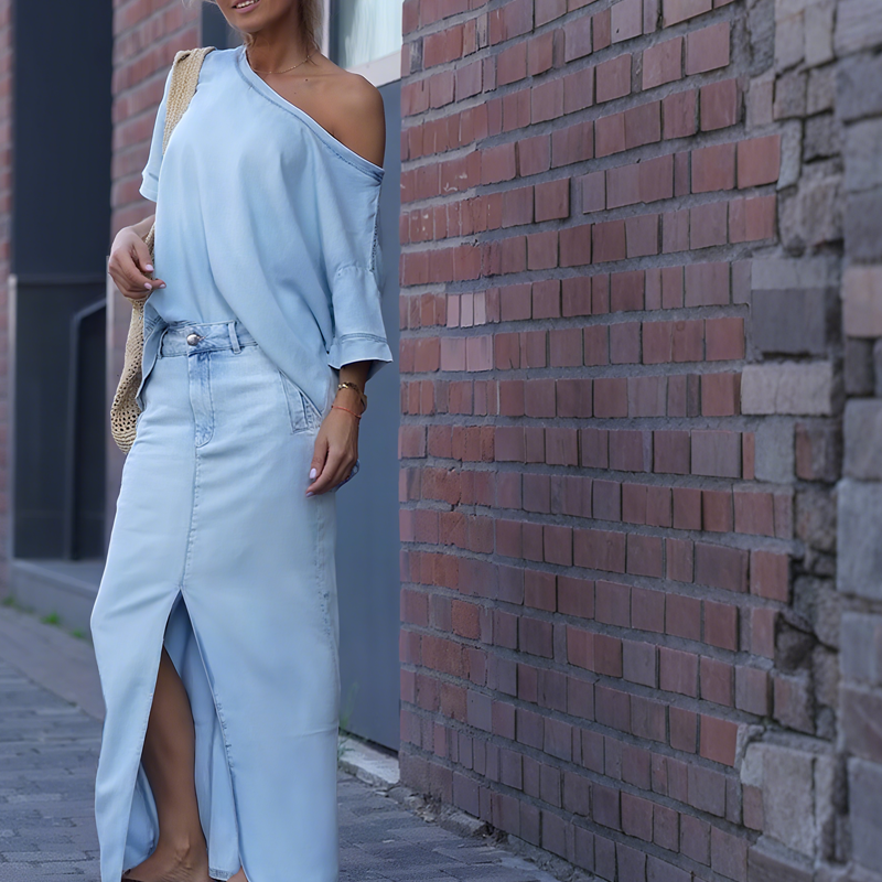 Icone™ FashionSet: Stylish Off-Shoulder Top And Denim Skirt